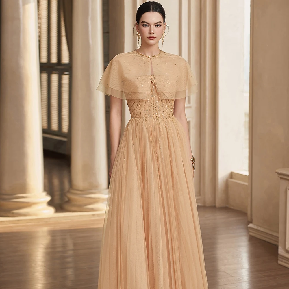 

Customized Strapless Sequined A-line Women's Evening Dress Draped With O-neck Cape Party Dress Backless A-line Ankle Length Gown