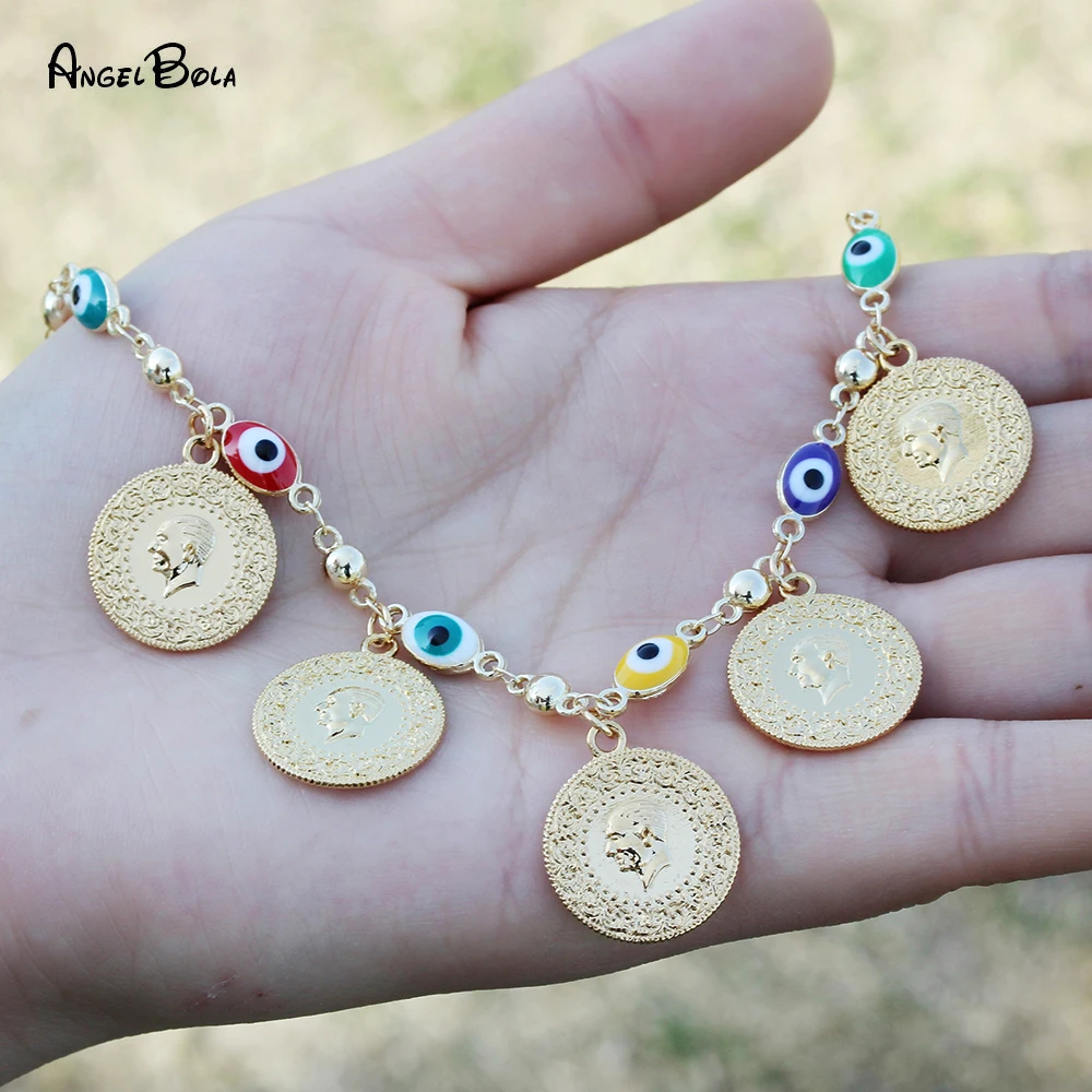 Colorful Lucky Evil Eye Bracelet Punk Gothic Golden Portrait Money Coin Chain Link Bracelets Women Jewelry Luxury Party Gifts