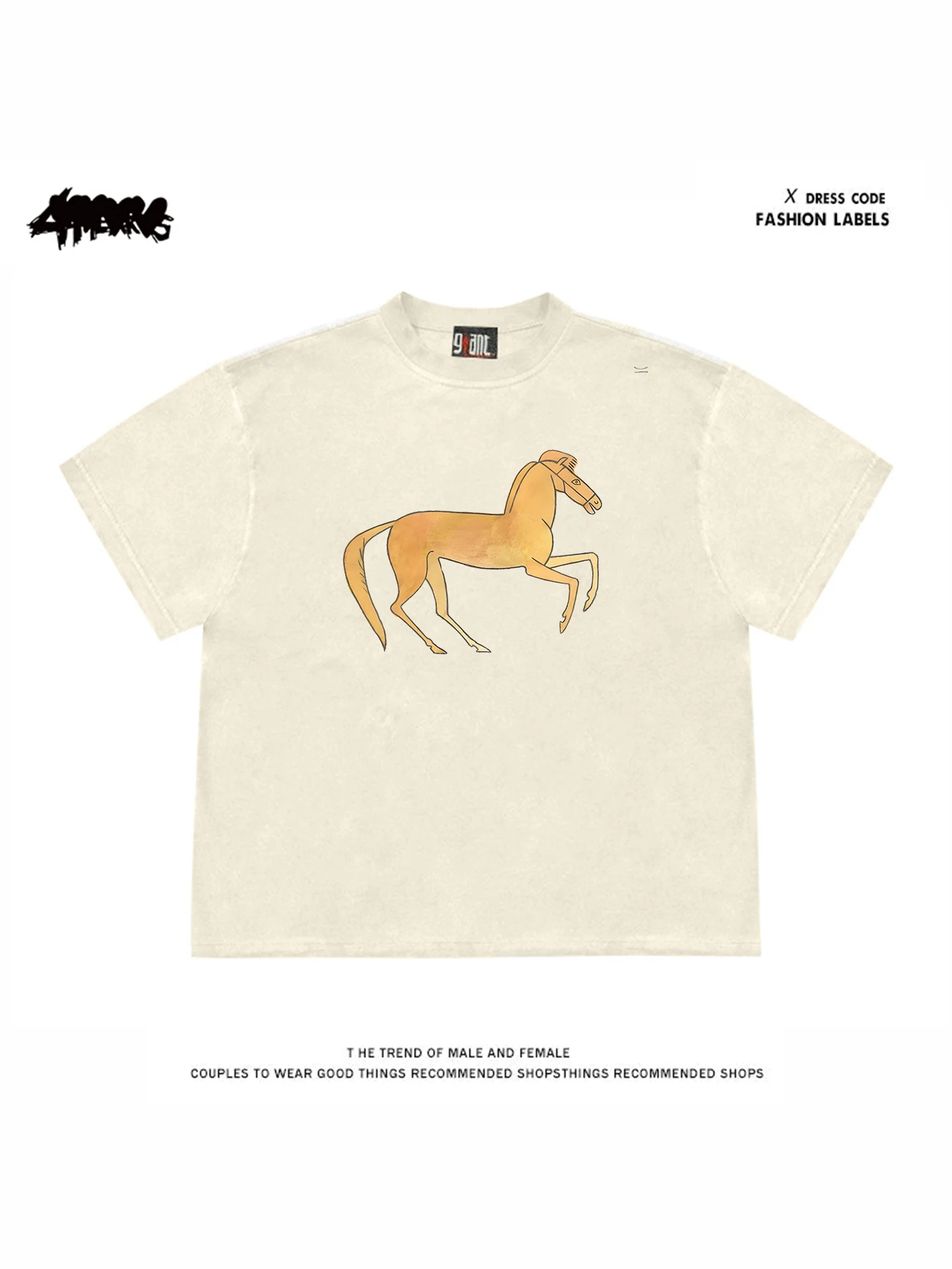 

Футболка из чистого хлопка 260 г, плотная, с принтом Golden Hoof Steps Wind, в американском ретро-стиле, летняя, с круглым вырезом