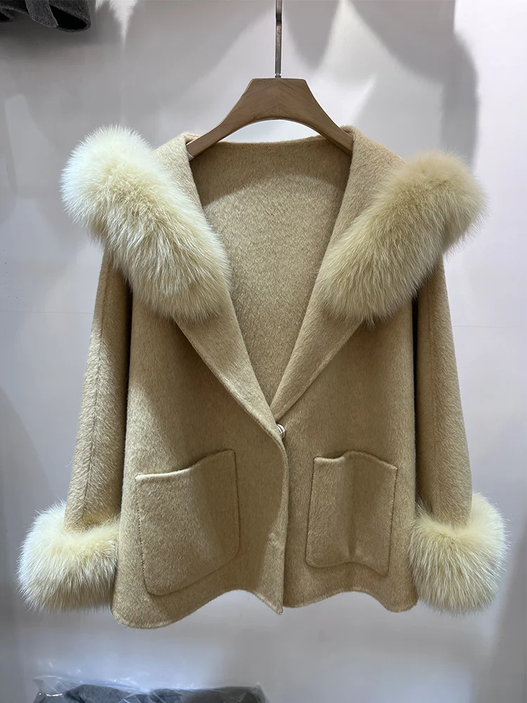 

2025 Fashion New Winter Real Fur Hooded Jacket Women Natural Fox Fur Collar Wool Woolen Ladies Cusual Outerwear Female Coat