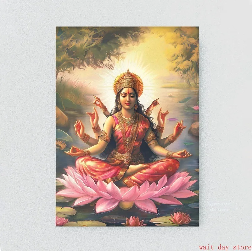 Hindu Lakshmi Religion Vintage Art Religion Lotus Meditation Canvas Painting Wall Spiritual Pictures Living Room Office Decor