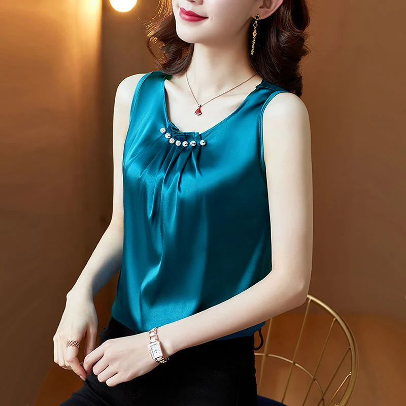 Beading Vest Sleeveless O-neck Pleated Loose Top French Office Lady T-shirt Elegant Female Blous Women Clothes Thin Summer Solid