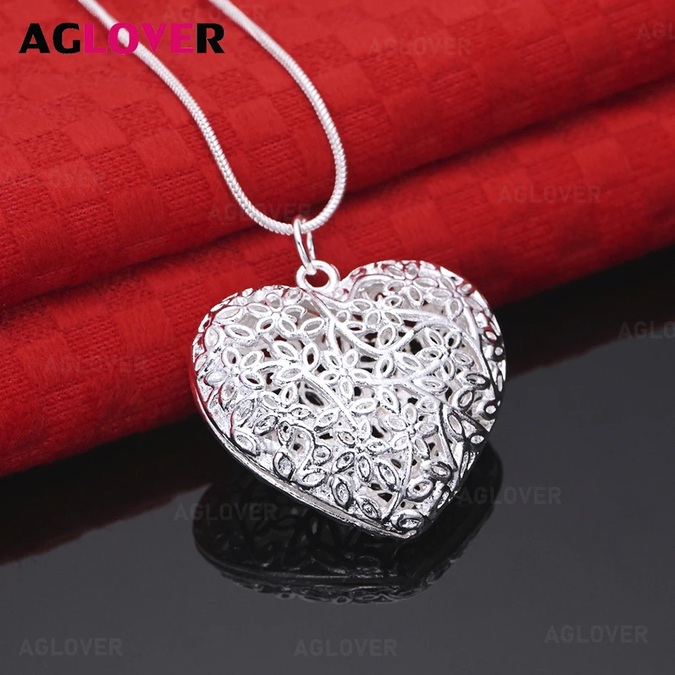 

AGLOVER 925 Sterling Silver Hollow Heart Pendant Necklace Women's Exquisite Cute Wedding Party Jewelry