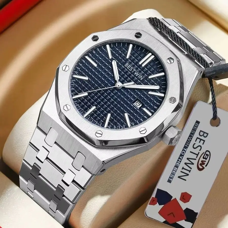 BESTWIN Original Luxury Man Watch Date Luminous Waterproof Stainless Steel Band Wristwatch Fashion Business Quartz Men's Watches