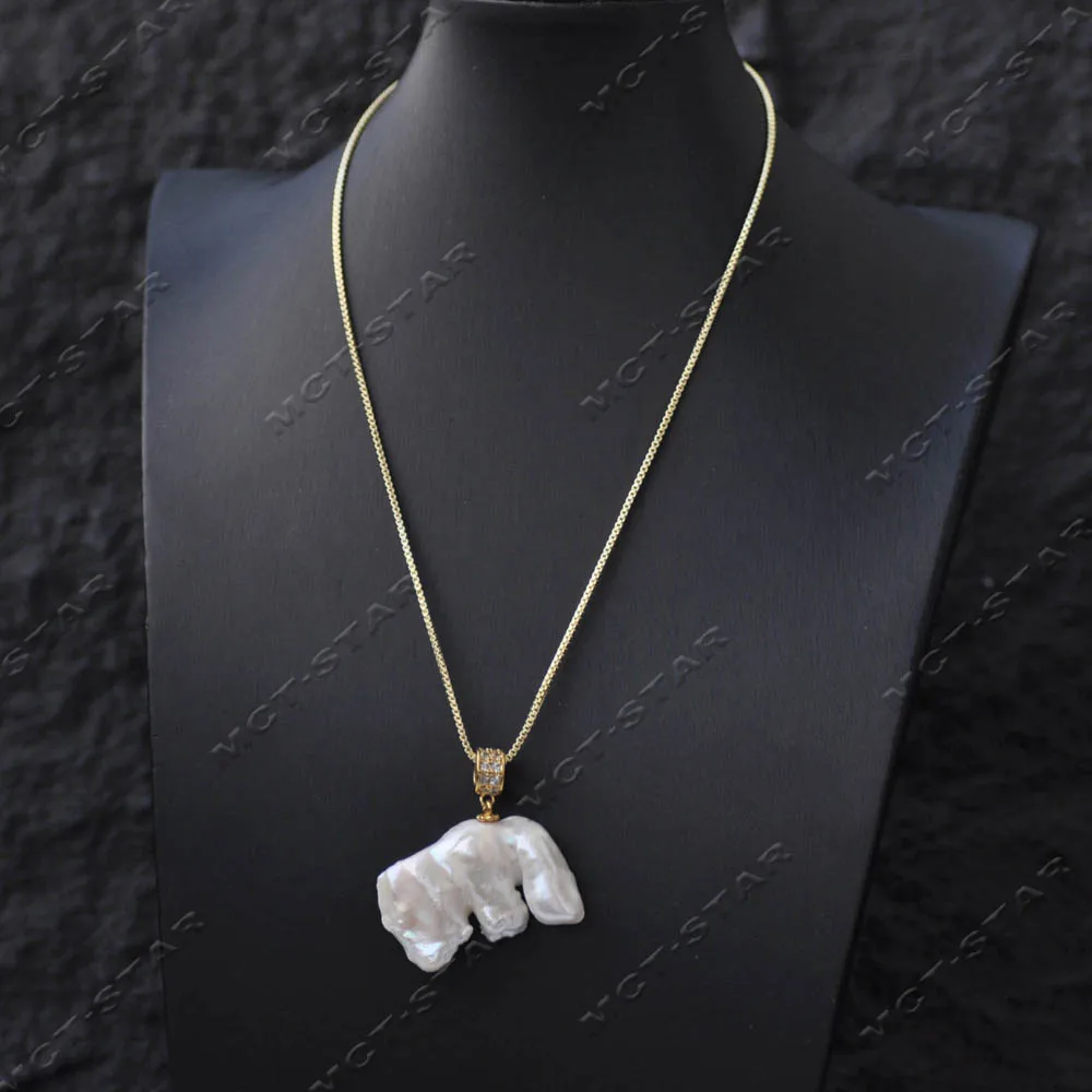 Z14612 Only One 38mm 100% Natural Real White Baroque Keshi Pearl Pendant Chain view 3