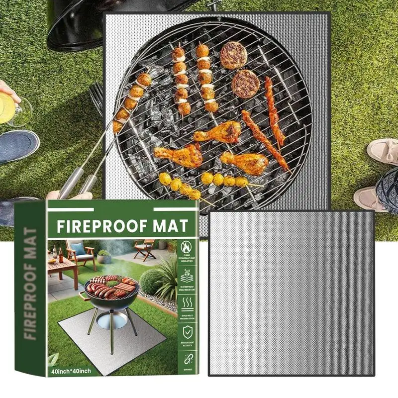 BBQ Mat Floor Outdoor Heat Resistant Grill Mat BBQ 40x40inches Fireproof Mat Waterproof Fireplace Mat Anti-Slip Reusable