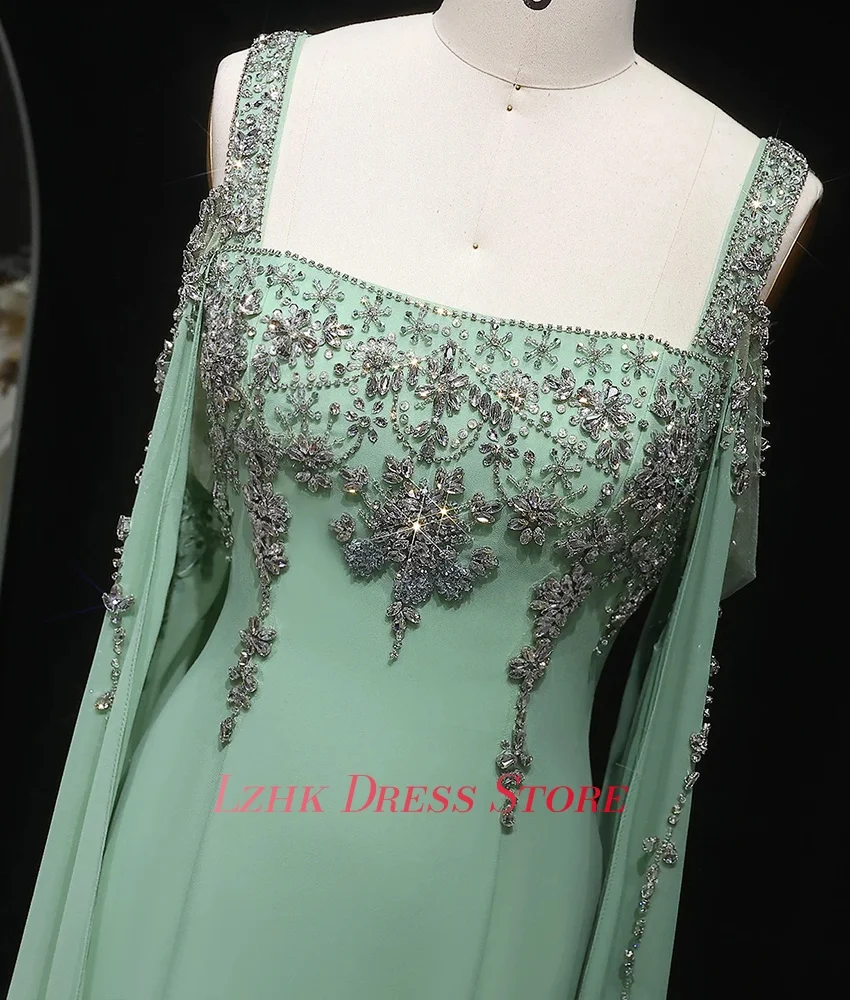 Vestido de noche personalizado de gasa exquisito, corte en A, tirantes finos, cuentas de cristal, vestidos de fiesta sexis de manga larga con cuello cuadrado