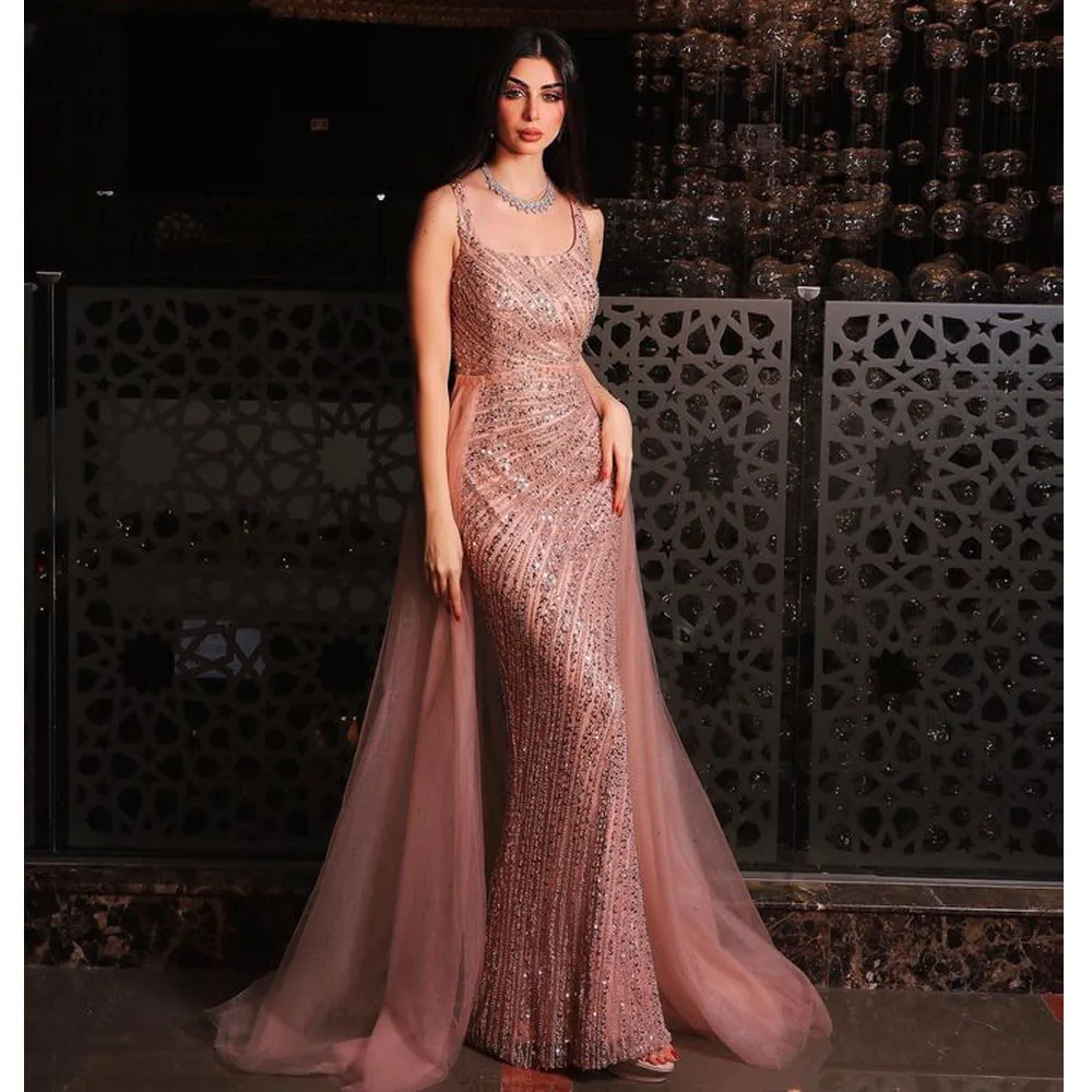 Pink Mermaid Detachable Evening Dresses Straps Beaded Sleeveless Luxury Arabic Prom Gowns 2023 For Women Wedding Party Vestidos