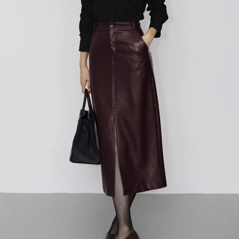 

Women Leather Skirt Sheepskin Waist French Elegant High Waist Long Skirt