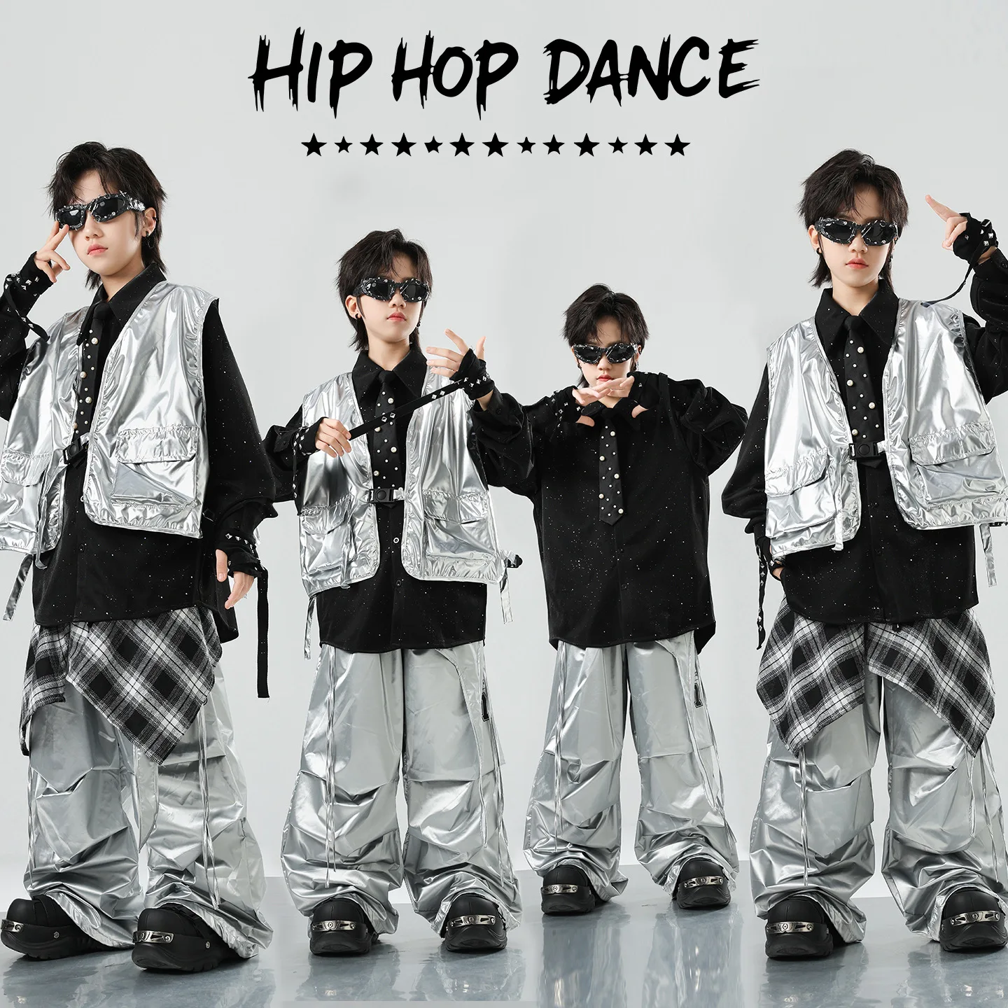 

Boys Hip Hop Shiny Silvery Vest Street Dance Cargo Pants Girls K-pop Jazz Costumes Children Teens Clothes Sets Kids Streetwear