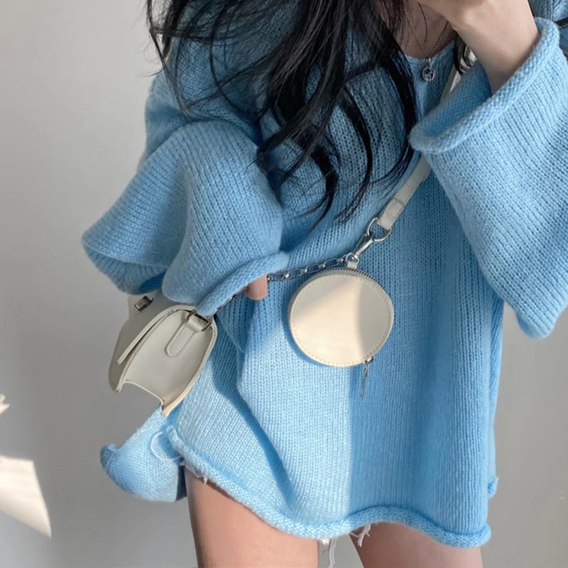 Korean Autumn New Retro Loose Sweater Sweet V-neck Rolled Edge Fashion Pullover Sweater Casual Blue Knitted Top for Women image 2