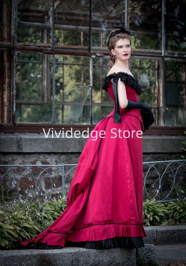 Customized 2025 Berry Red Victorian Gowns Victorian Halloween Dresses Evening Gowns 1880s Costume Lace-Up Prom Dresses