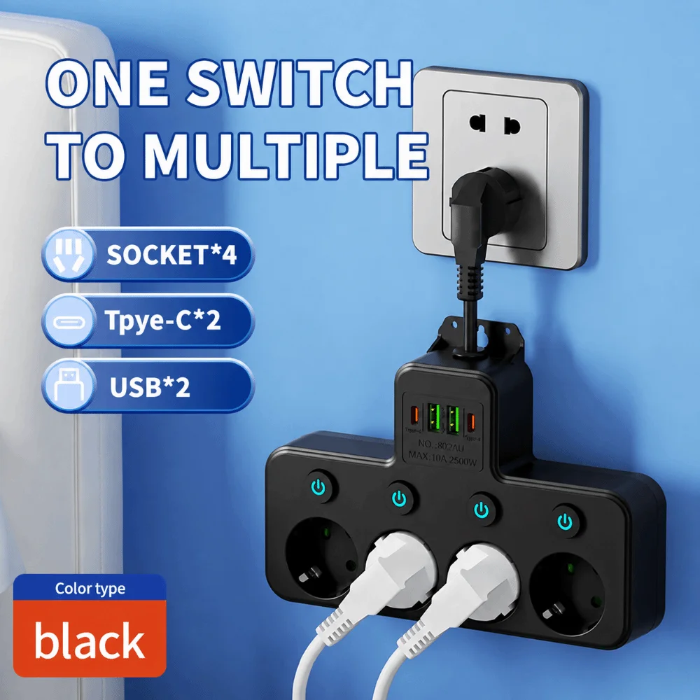 

4/5 Plugs EU Plug Outlet Wall Mounted Type-C Ports Wall Power Socket Universal Independent Switch Power Strip Home Offices
