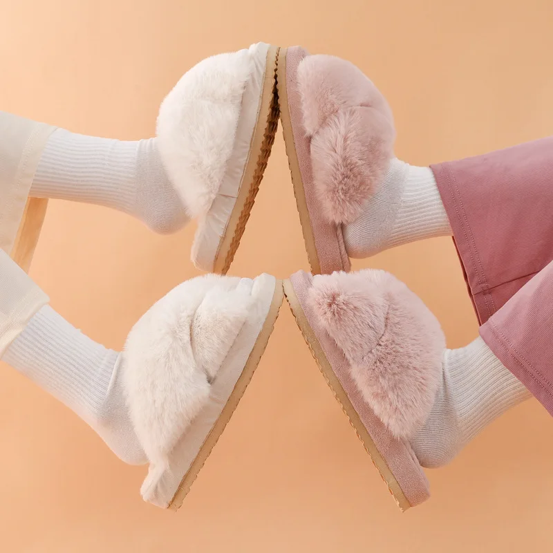 

Autumn Winter New Style Thick Bottom Cross Fur Slippers Anti-Slip Home Women's Warm Cozy Plush Slippers Korean Style Flat Heel