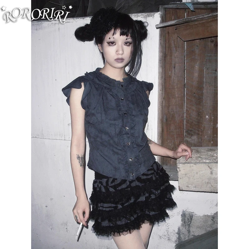 

RORORIRI с кружевной отделкой в стиле пэчворк, многоуровневая юбка-тортик, женская ретро-потертая эластичная подкладка на талии, пышная мини-юбка, готическая темная панк-одежда