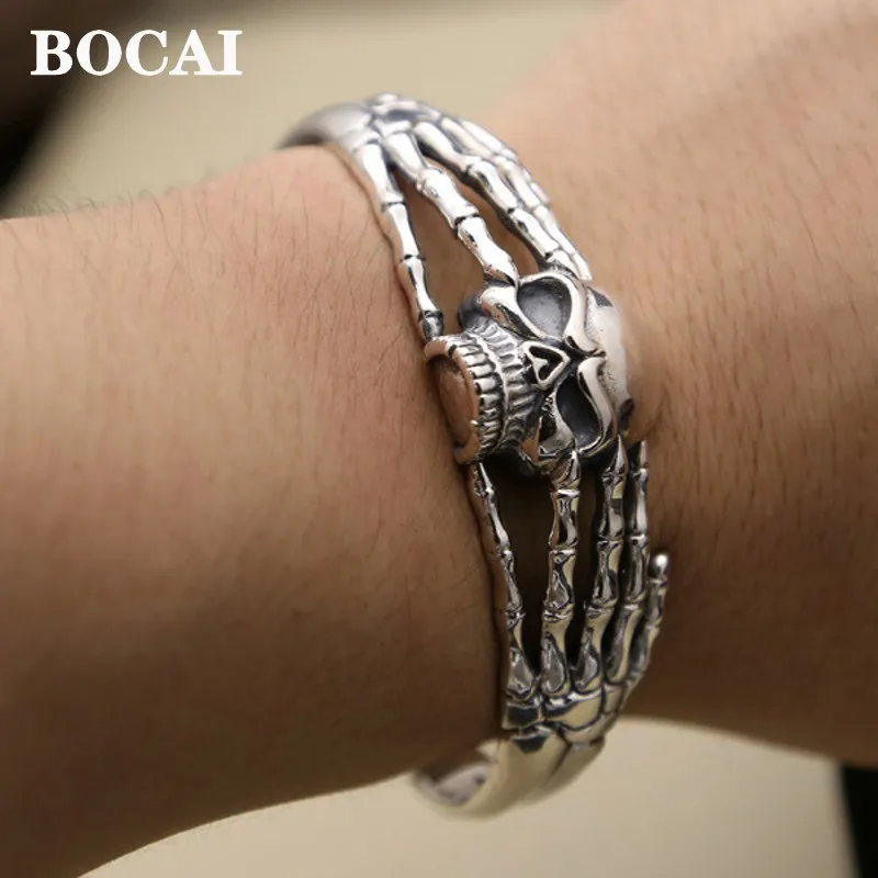 BOCAI New Real S925 Silver Jewelry Retro Punk Style Skull Head Hip Hop Open Bangle for Men Fashionable Gift Wholesale