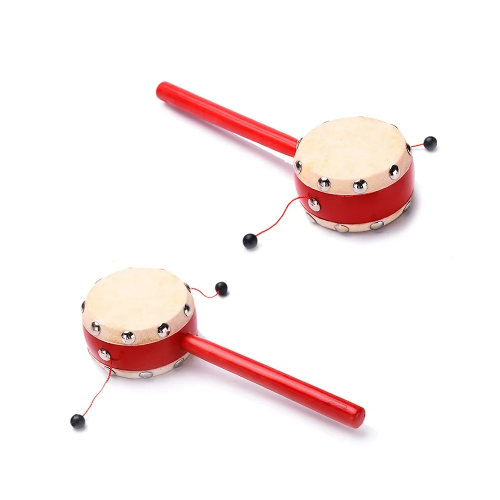 2 Stuks Houten Rammelaar Drum Duurzaam Rood Handvat Chinese Traditionele Baby Schudden Muziekinstrument Vroeg Leren Gift