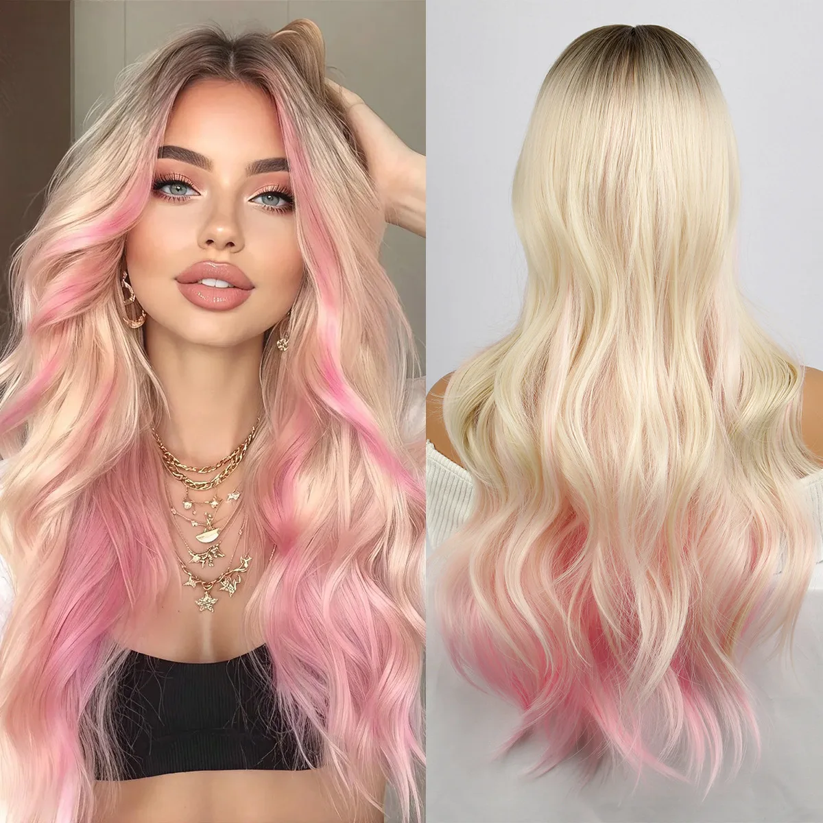 

Парик с объемной волной, блондинка с омбре, розовый парик для женщин, парики для косплея, Лолита, Хэллоуин, повседневный с вечеринкой, синтетический термостойкий парик 24 дюйма