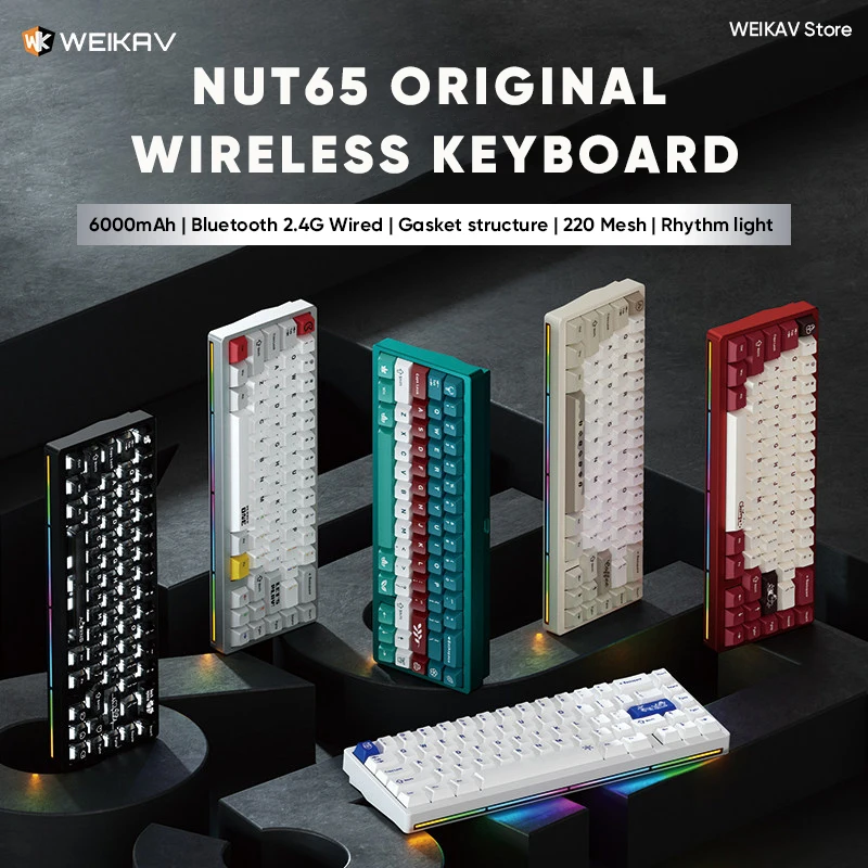 

Беспроводная игровая механическая клавиатура WEIKAV NUT65 из алюминия, 60% форм-фактор, QMK/VIA, Bluetooth, 2.4G, RGB, проводная, с возможностью горячей замены, для геймеров