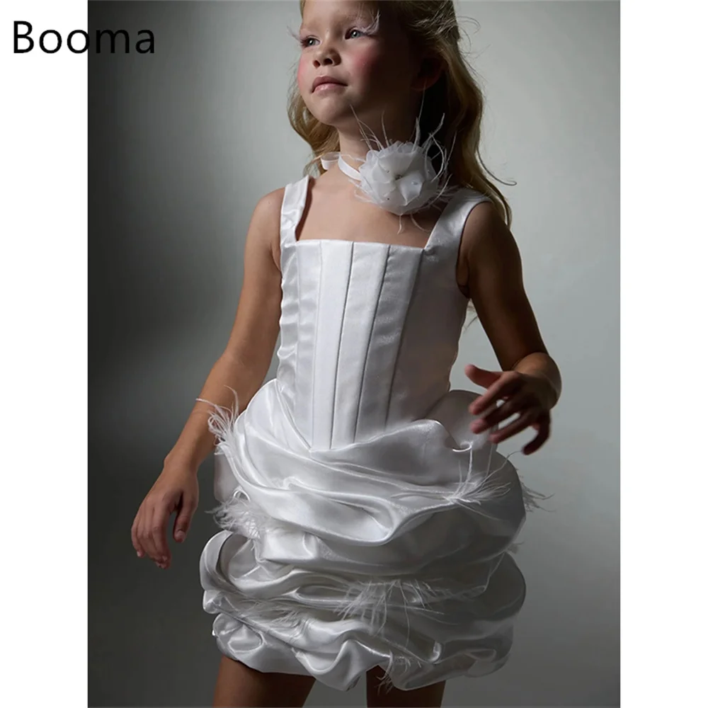 

Booma A-Line Pleat Satin Flower Girl Dresses Satin Girls Wedding Party Dresses Spaghetti Strap Sleeveless Gowns Bow Customized