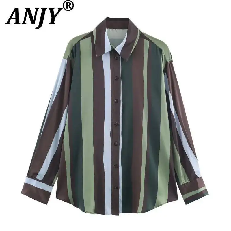 

ANJY Spring Autumn New Women Fashion Striped Silk Satin Texture Long Sleeve Shirt Loose Casual Contrast Color Chic Blouse A24136