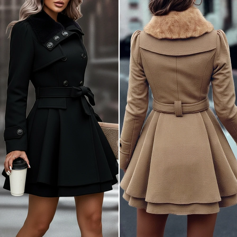 معاطف نسائية شتوية 2025 لون سادة أساسي مع طية صدر مدببة متوسطة الطول مفتوحة من الأمام وأكمام طويلة معاطف مزدوجة الصدر #1
