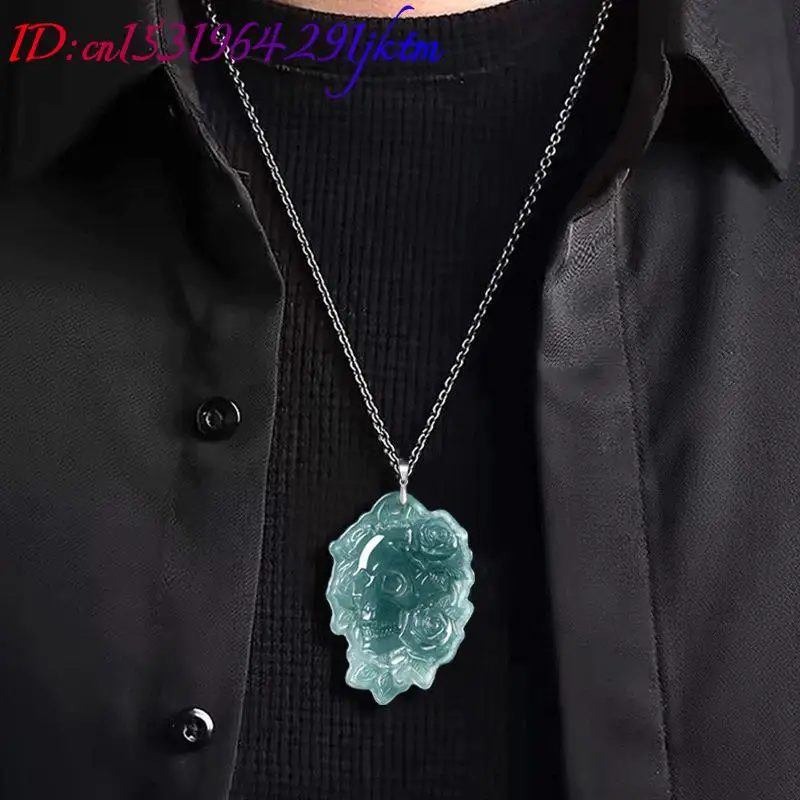 Natural Burmese Jadeite Skull Pendant Necklace Fashion Vintage 925 Silver Real Jade Designer Luxury Gemstone Gifts for Women view 5