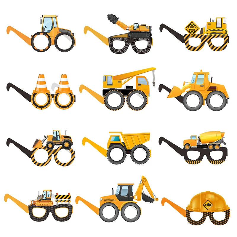 Gafas de papel para construcción de 6 piezas, accesorios para fotomatón, excavadora, camión, Tractor, construcción, decoración para fiesta de cumpleaños, regalos para niños