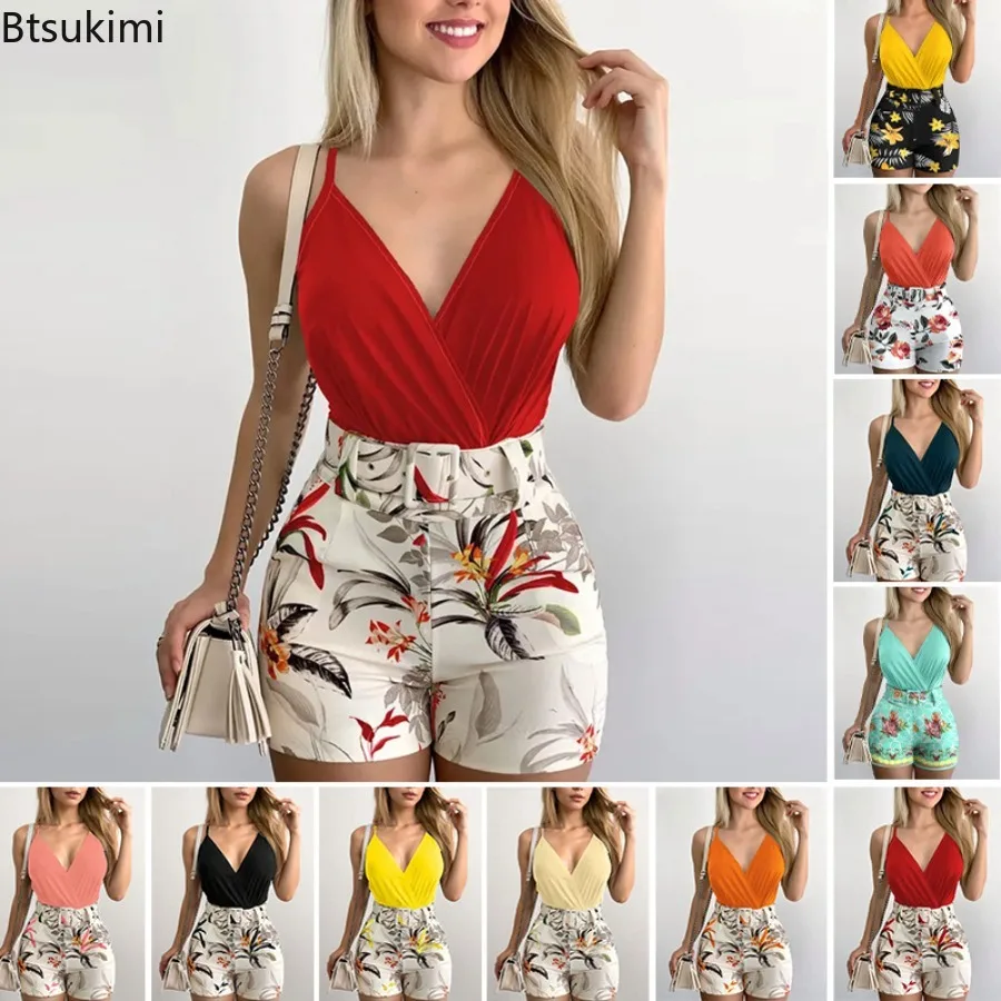 2026 Neue Damen-Mode Weste+Shorts 2-teiliges Set Sommer Sexy Schlankes Damen-Outfit V-Ausschnitt Pflanzenmuster Kurze Hosen Anzüge mit Gürtel S-XXL