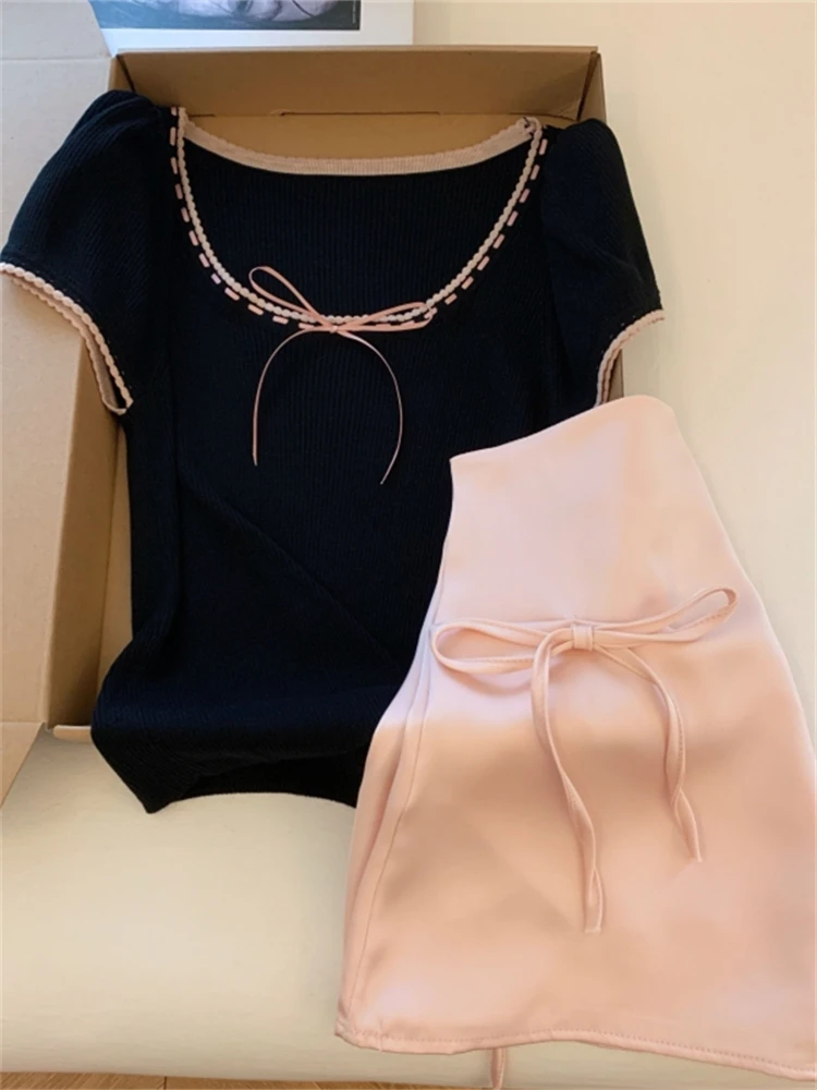 تي شيرت نسائي كوري أنيق مضاد للشيخوخة، محبوك بعقدة ملونة، متعدد الاستخدامات، نحيف، مناسب للصيف