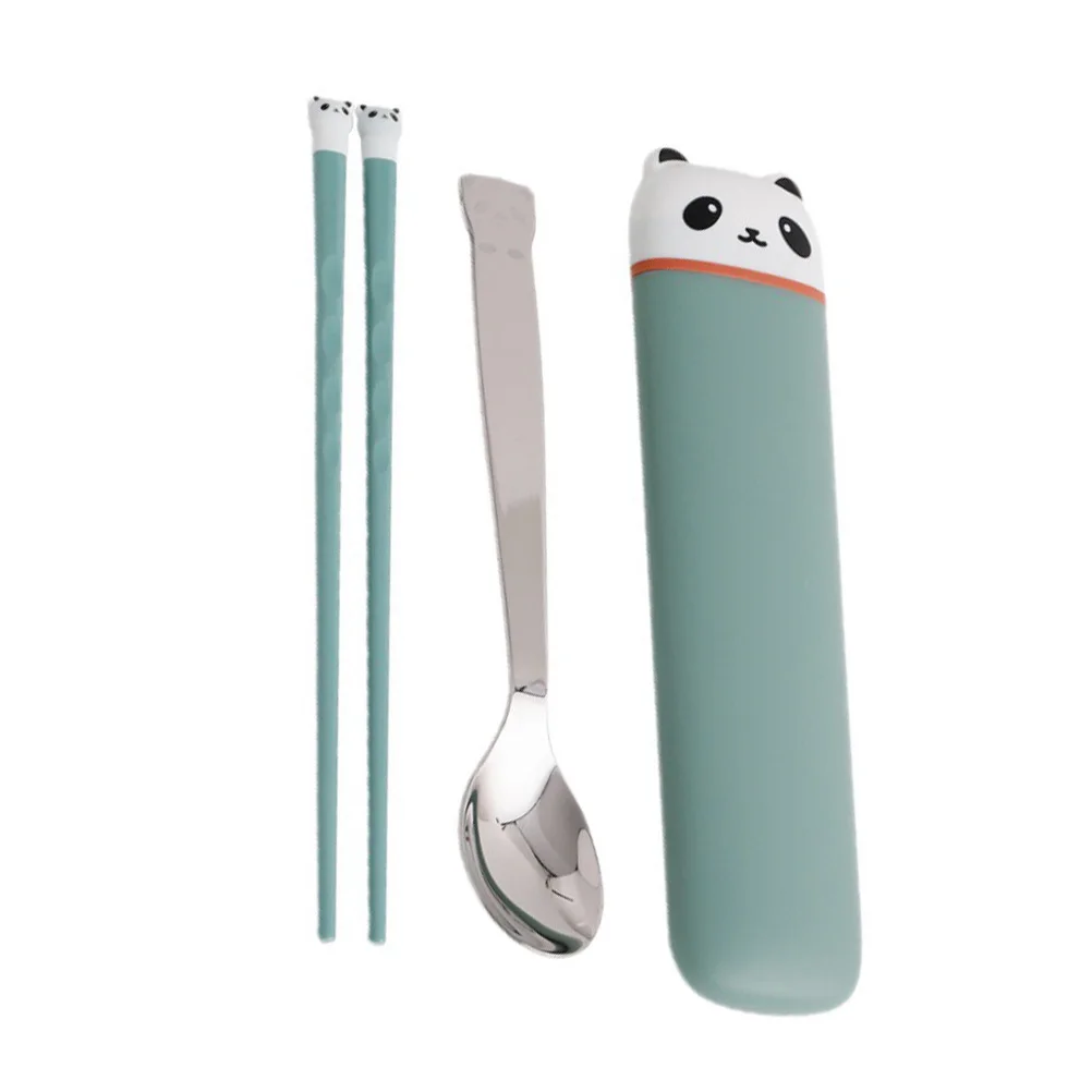 

3 pcs Children's Tableware Set Stainless Steel Portable Travel Cute Panda Chopsticks Spoon Storage Box Accessories