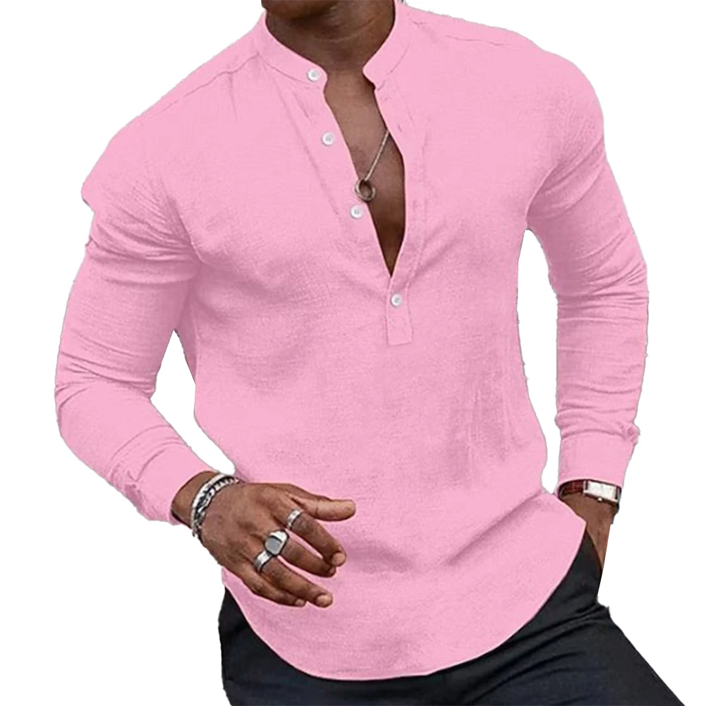 Camicia casual da uomo a maniche lunghe abbottonata Camicetta con scollo a V Henley T-shirt stile classico per ogni occasione