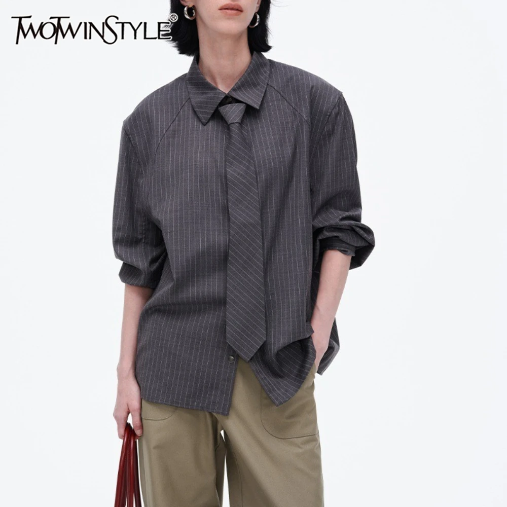 

TWOTWINSTYLE Solid Spliced Striped Chic Shirt Female Lapel Long Sleeve Loose Design Streetwear Women's Shirts Autumn Fashion New