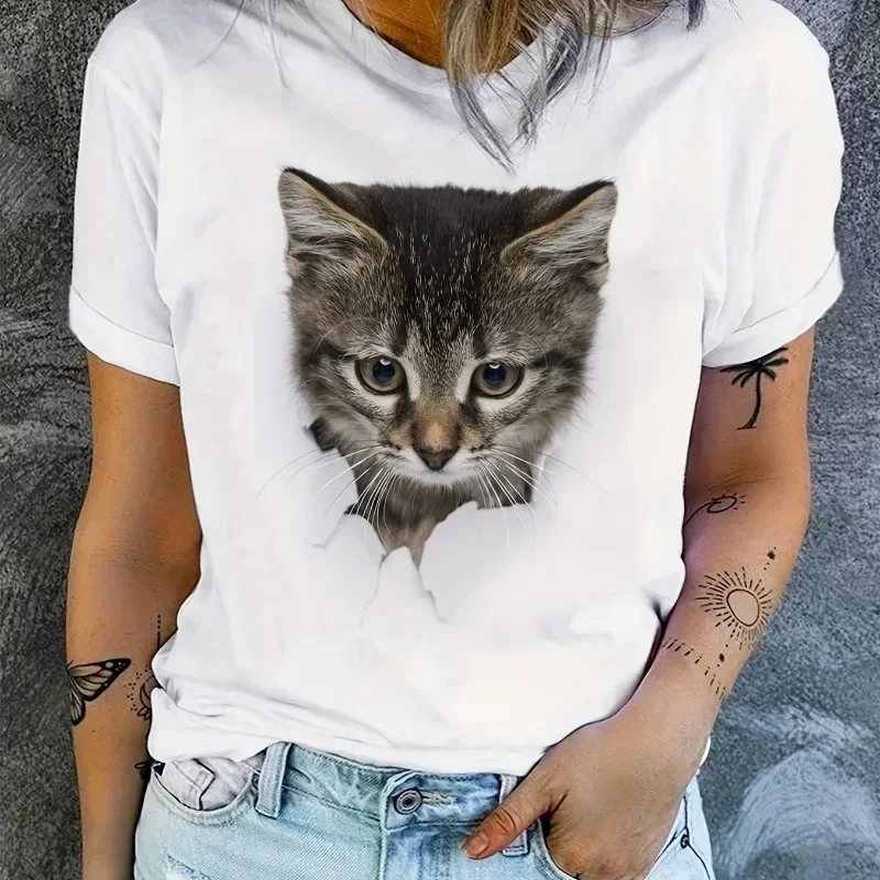 Cartoon Cat 2D T-shirt Short Sleeved Round Neck Casual Sports Top Summer Aesthetic Clothing Women\'s Clothing Pattern T-shirt