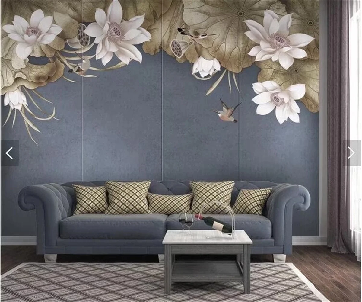 Custom Wallpaper Mural High definition hand drawn art of kingfisher lotus flower Painting papel de parede wall papers home decor