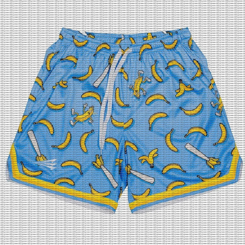 Fun Cartoon Banana Printed Shorts with Blue Sole and Yellow Border, Loose Men's Basketball Sports Pants
