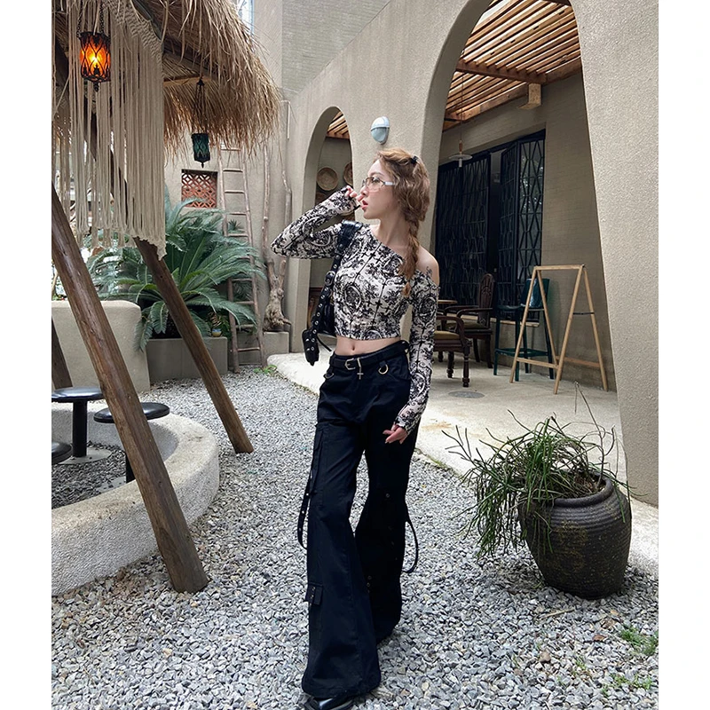 Women's Black Gothic Cargo Flare Pants Baggy Vintage Harajuku Y2k