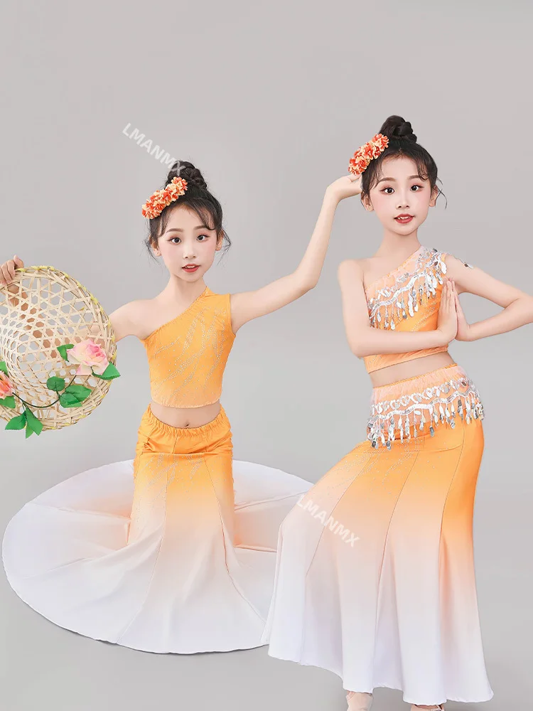 Ropa étnica Dai, disfraces de actuación infantil, danza del pavo real para niñas, nalgas envueltas y falda de cola de pez