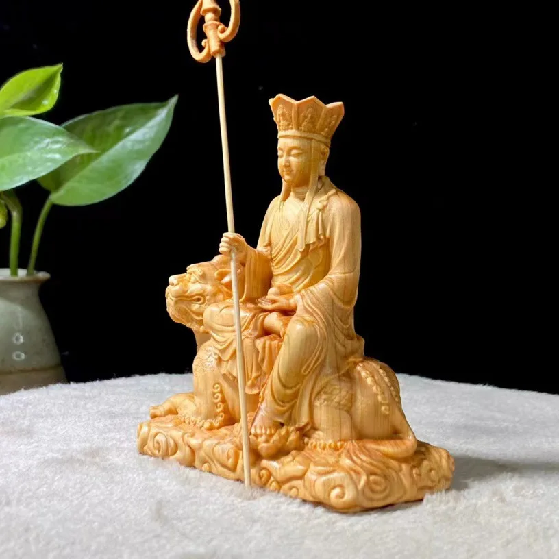 Natural Cypress  Riding God Beast Ksitigarbha King Bodhisattva Figure Statue ， wood carving Home Room Office Feng Shui Statue