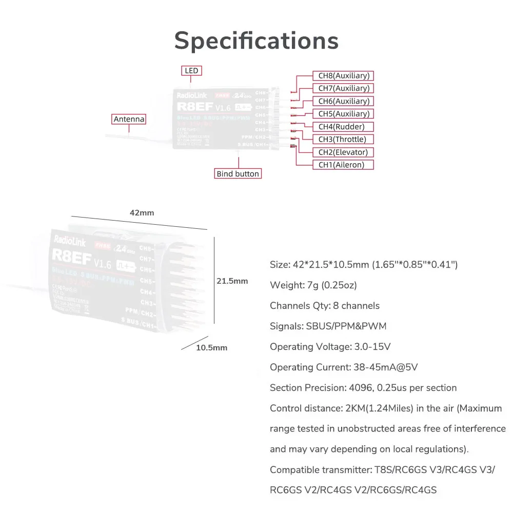 Radiolink R8EF récepteur 2.4G 8 canaux Support SBUS PPM PWM pour 8CH T8FB T8S RC3S RC4G RC4GS RC6G émetteur RC voiture bateau avion