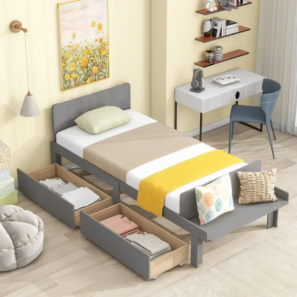 Children's bed frame with 2 drawers, with footstool, no springs, grey, storage platform bed