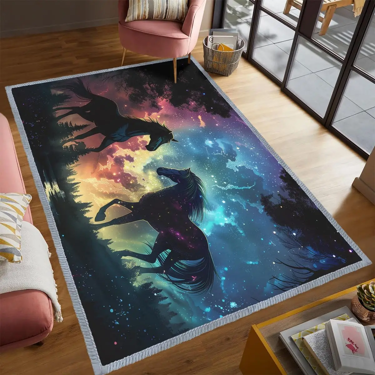

Звездное небо, ковер в виде лошади, большой абстрактный мечтательный животный психоделический коврик для гостиной, спальни, нескользящий, можно стирать в машине, обеденный с низким ворсом