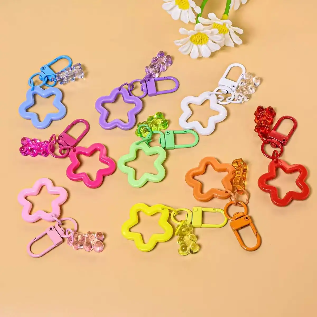 10pcs Metal Keyrings Buckle With Stars Bear Pendant Colored Keychain For Diy Jewelry Making Key Ring Accessories Wholesale