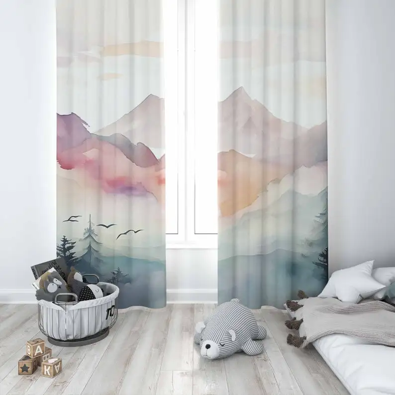 Mountain Forest Nursery Curtain Kids Bedroom Curtains Black Out Nursery Decor Baby Room Curtains Bedroom Living Room Curtains