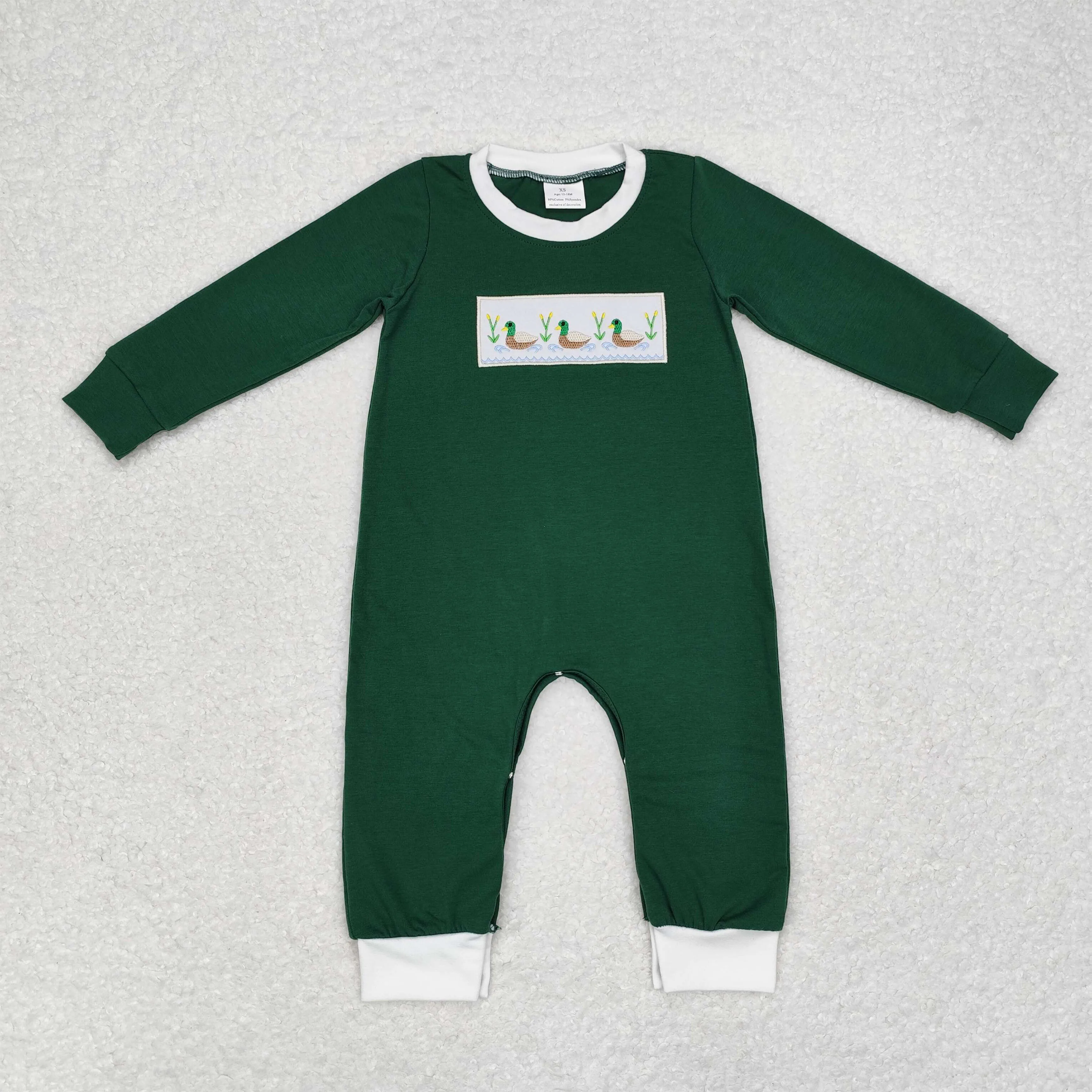 Wholesale Baby Boy Girls One Piece Newborn Toddler Embroidery Duck Romper Kids Children Long Sleeves Infant Green Bow Jumpsuit