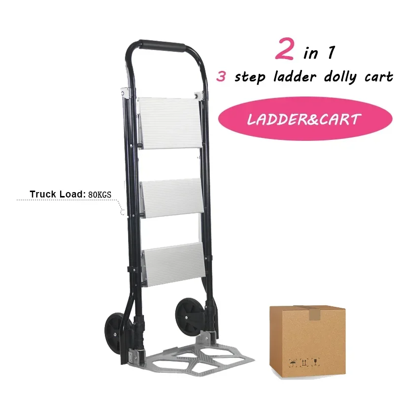 Folding Trolley with Ladder 2 in 1 with 3 Step Wide Non-slip Treads Load Aluminum Portable Steel Trolley