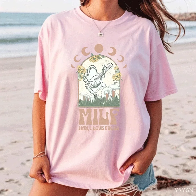 Man I Love Frogs Mushroom T Shirt Woman Cotton Moon Graphic Tee Mystical Mushrooms T-shirt Vintage Round Neck Short Sleeve Tee