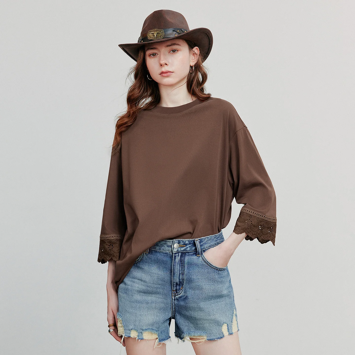 TOYOUTH Vrouwen T-shirt 2025, Herfst Nieuwe Ronde Hals Patchwork Kant Driekwart Mouw Losse Katoenen Tops