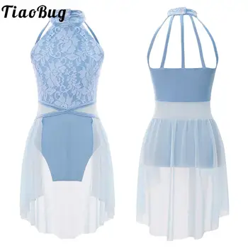 キッズガールズノースリーブバレエダンスドレスレース花メッシュスカートレオタード体操モダンコンテンポラリー叙情的なダンス服