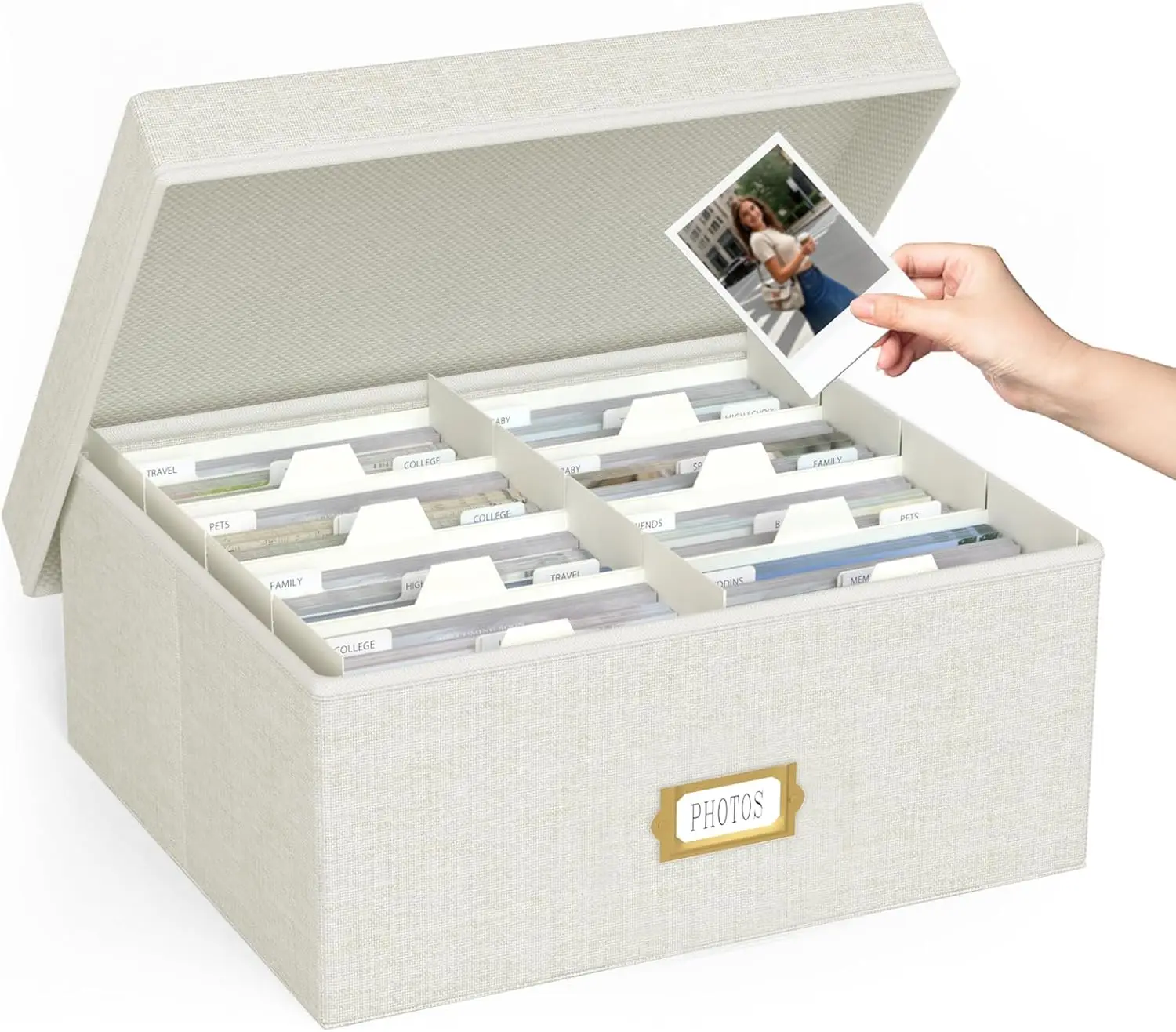 

Linen Photo Storage Box Holds Up to 1700 4x6 Pictures with Dividers, Memory Keepsake Organizer for Home Decor (Beige)